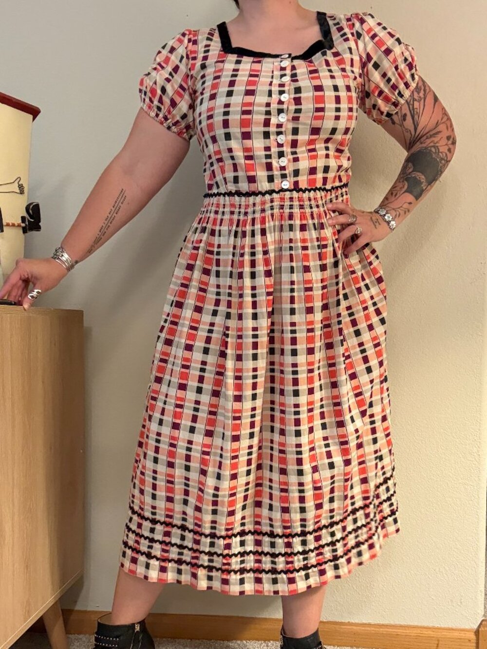 Vintage Handmade Bright Check Plaid Girly Midi Dress